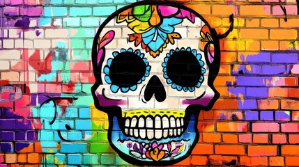 Colorful sugar skull mural on a brick wall showcasing vibrant designs and intricate details during a bright sunny day