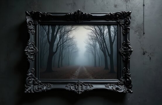 Gothic style black frame with foggy dark forest scenery inside, hanging on textured wall. Vintage ornate design with spooky setting, ideal for Halloween themes.