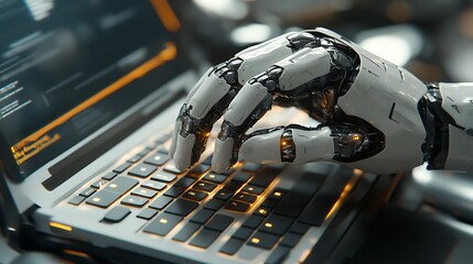 Fototapeta premium Robotic Hand on Laptop Keyboard, A close-up view of a robotic hand resting on a laptop keyboard