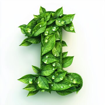 Number 1 made of vibrant green leaves with morning dew droplets isolated on a clean white background