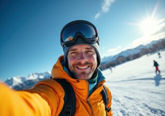 Smiling skier enjoys sunny day on mountain slopes during winter adventure