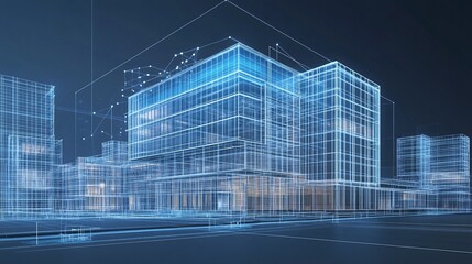 Wireframe model of modern glass building in city.