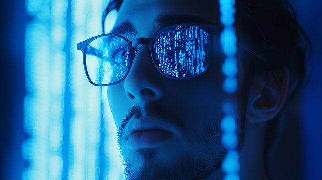Blue digital binary data, concept technology, AI, cybersecurity