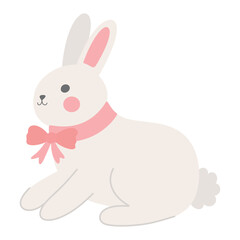 Obraz premium Cute kawaii sweet Easter bunny rabbit with pink ribbon bow simple vector illustration isolated on white background