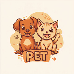 Cute dog and cat cartoon logo illustration with the word "PET"