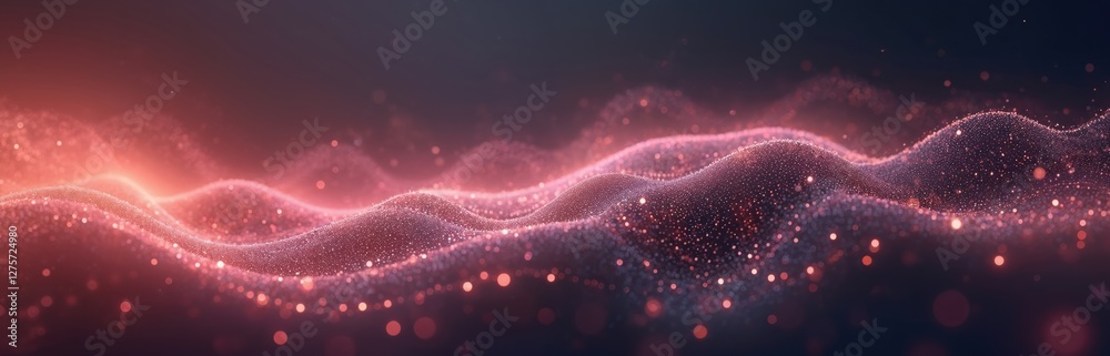 Poster Abstract tech wave with flowing particles connection. Lots of lines on dark background. Futuristic corporate concept. Glowing fractal pink waves and dots.