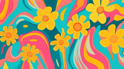 Colorful Psychedelic Floral Pattern with Yellow Flowers and Wavy Abstract Background

