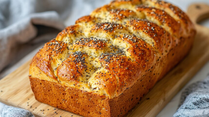 Freshly baked keto bread loaf with golden crust, topped with seeds, perfect for low carb diets. Ideal for sandwiches or as side dish