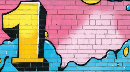 Bright and colorful graffiti depicting the number one on a brick wall in an urban setting during daylight