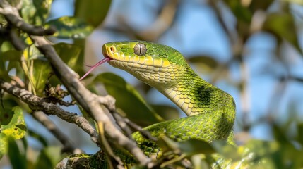 Obraz premium Stunning Green Tree Snake in Lush Forest Canopy