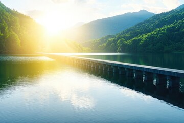 Obraz premium Exploring Renewable Energy Solutions by a Serene Lake at Dawn Nature Photography Tranquil Environment Scenic Viewpoint