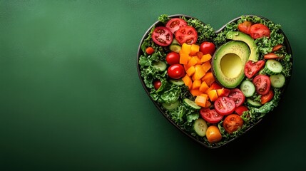 Fresh assorted vegetables and fruits arranged in a heart shape on a green background creating a vibrant and healthy display for a wellness theme