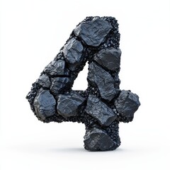 Number 4 made of rough coal chunks with fine black dust isolated on a clean white background