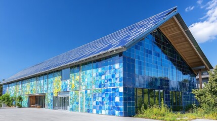 Obraz premium Modern Eco-Friendly Building with Colorful Glass Facade and Solar Panels