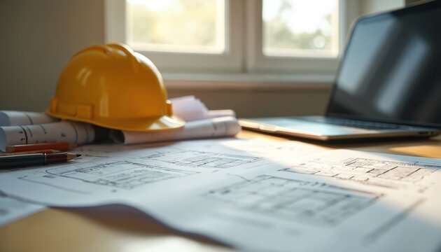 Estimates and blueprints on estimator desk. Job in construction estimation. Yellow hard hat on scrolls, laptop, window. Construction industry concept. Planning, pricing and budgeting.