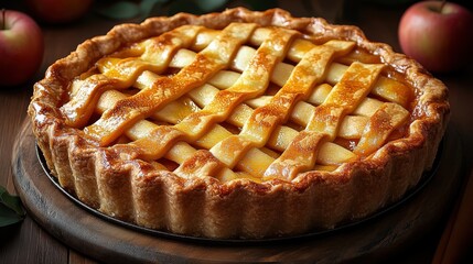 Freshly baked apple pie cooling on a wooden surface surrounded by apples in an inviting kitchen setting