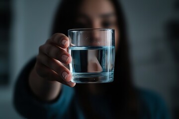 Image of a beautiful young Asian woman in closeup, with a glass of water in her hand ready to drink