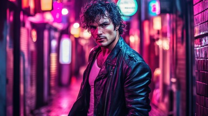 Obraz premium Stylish Man in Leather Jacket Poses in Neon Lit Alleyway at Night