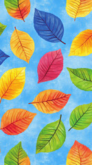 Obraz premium Colorful leaves on blue background create vibrant pattern