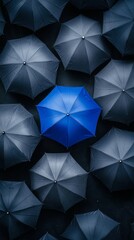 A Striking Blue Umbrella Amidst a Sea of Dark Umbrellas