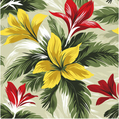 Bright floral pattern with yellow and red flowers on green