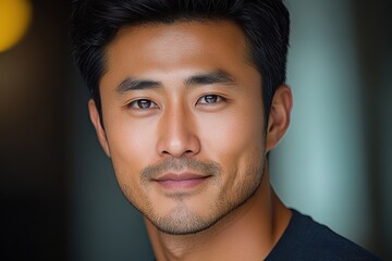Fototapeta premium Close-up of a young man with expressive features smiling at the camera in a softly lit environment during daylight hours