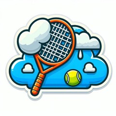 Playful cartoon tennis racket and ball with clouds, vibrant and whimsical illustration