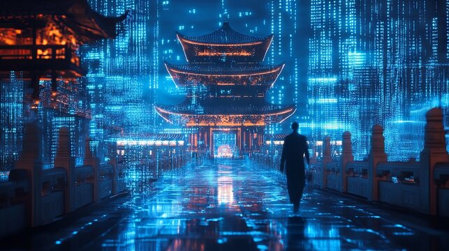 Blue digital binary data, concept technology, AI, cybersecurity