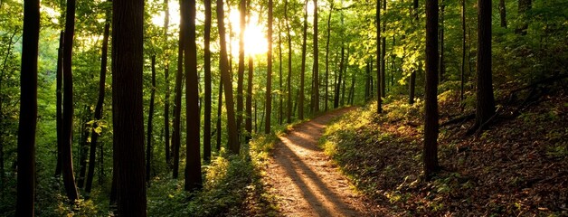A pathway winding through a lush forest surrounded by ancient trees, moss, and plants, with sunbeams filtering through the trunks, offering a panoramic view of unspoiled nature
