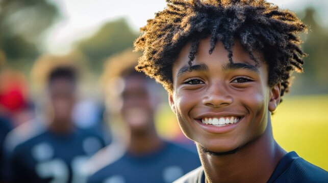 Smiling young athlete enjoying a sunny day on the soccer field with teammates in the background during a local youth tournament