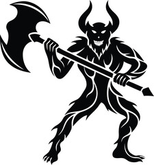 Creative muscular demon warrior with battle vector illustration, muscular demon warrior with battle silhouette and line art isolated vector design