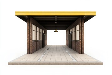 A 3D icon of an open train station platform with dark brown brick walls and a yellow roof, placed against a white background. 