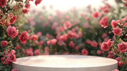 Empty podium with pink roses flowers decoration, advertising of product concept