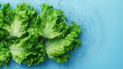 Fresh Green Lettuce Leaves Splashing in Water on Blue Surface