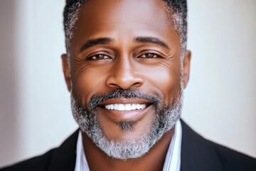 Smiling man with gray beard poses in a modern setting, exuding confidence and warmth during a bright day