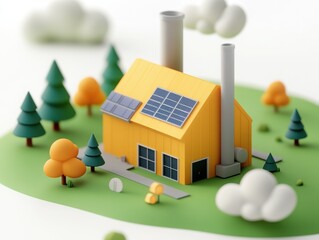 A cartoon-style isometric 3D icon of a solar power plant with a yellow roof and grey smokestacks. 