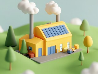 A cartoon-style isometric 3D icon of a solar power plant with a yellow roof and grey smokestacks. 
