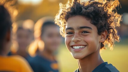 Young boy smiles brightly during a soccer practice at sunset, radiating happiness and enthusiasm among teammates in the background