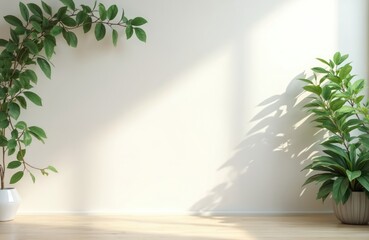 Clean background for online conference calls, remote work. Green plants, leaf shadow on wall, wooden floor. Minimal, modern design for fresh, professional workspace.