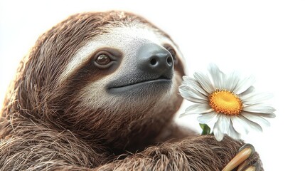 Fototapeta premium Cute sloth holding a daisy flower against a soft light background