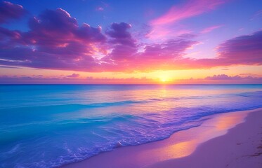 The day comes to a close with a stunning pink sunset, illuminating the beach and the ocean with its radiant colors.