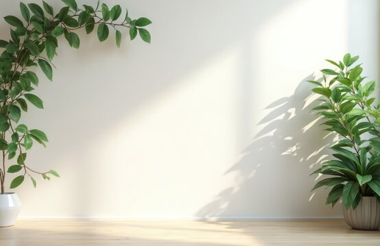 Clean background for online conference calls, remote work. Green plants, leaf shadow on wall, wooden floor. Minimal, modern design for fresh, professional workspace.