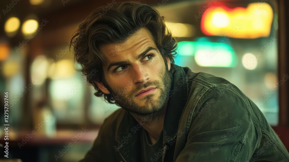 Wall mural Thoughtful young man in casual attire at a cozy diner setting