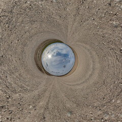 blue hole sphere or globe little planet inside grass or sand or dry ground frame background with...