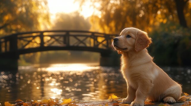 Golden retriever puppy sits by a tranquil river under warm autumn sunlight near a charming wooden bridge