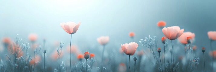 Fototapeta premium Gentle Pastel Cyan Field Of Meadow Flowers, Soft Watercolor Background, Airy Feel and Spring Tones