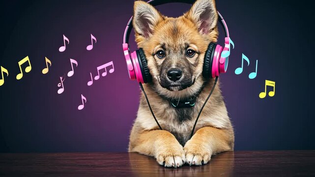 Melody Pup: A cute puppy donning headphones, surrounded by musical notes, joyfully experiencing the world of sound. Capturing pure delight and the simple pleasures of life.