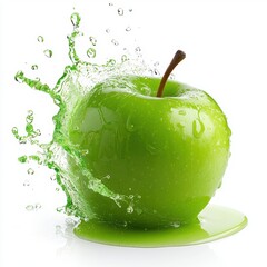 Bright green Granny Smith apple with a dramatic splash of green apple juice isolated on white