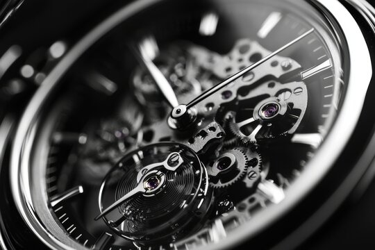 Close-up studio shot of a intricate skeleton watch mechanism, showcasing the beautiful complexity of a mechanical timepiece and luxury craftsmanship.