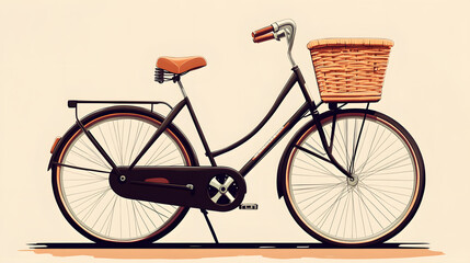 Vintage bicycle with a wicker basket, classic design featuring curved frame and retro style, perfect for leisurely rides or decoration.